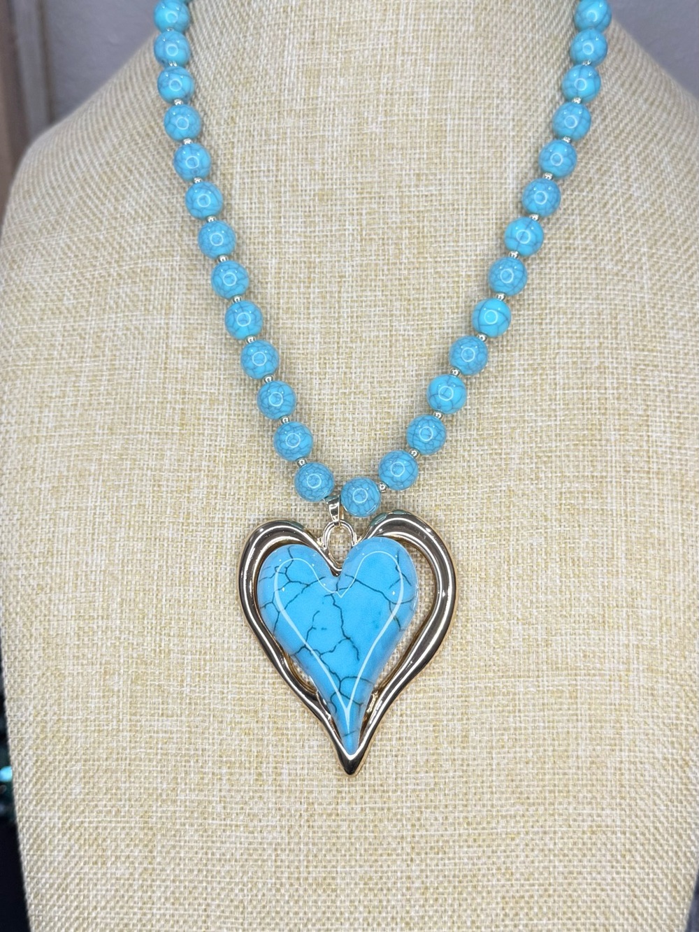 Turquoise Blue Beaded Heart Statement Necklace Gold Tone Western Boho 19”-21”